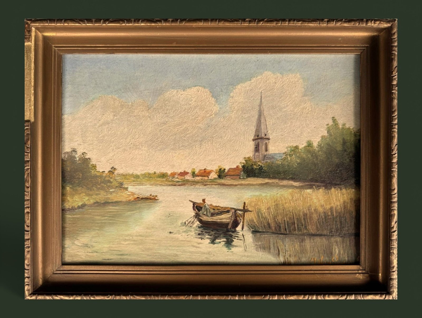 Vintage European Oil Painting on Wood, Framed Landscape Painting, Fisherman on River